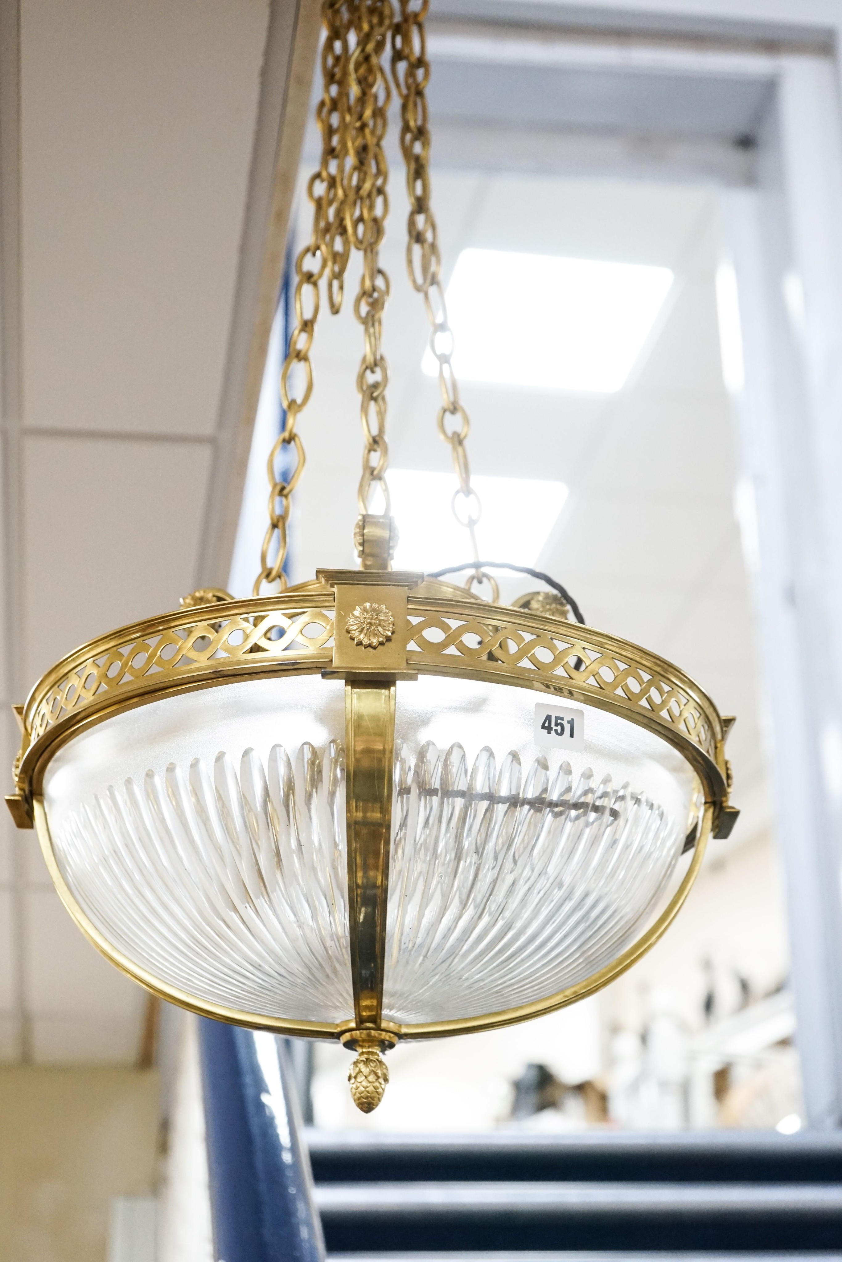 An Edwardian neoclassical cut glass and brass plafonnier ceiling light, 41 cm wide